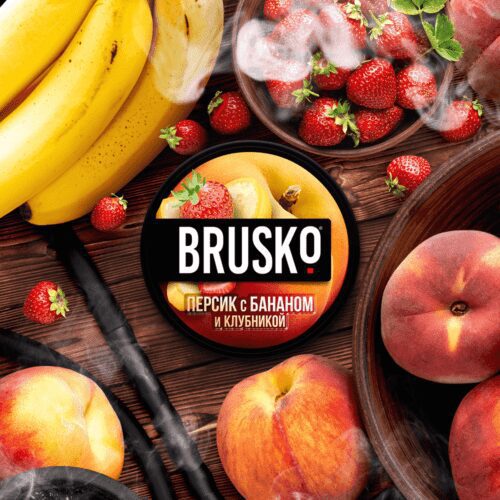 Brusko / Бестабачная смесь Brusko Strong Персик с бананом и клубникой, 250г в ХукаГиперМаркете Т24